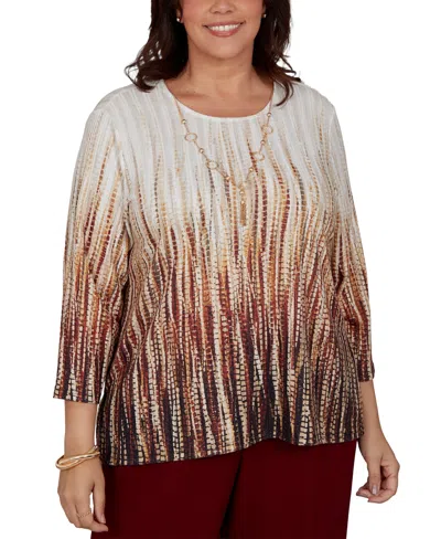 Alfred Dunner Plus Size Union Square Textured Ombre Squares Top With Necklace In Brown