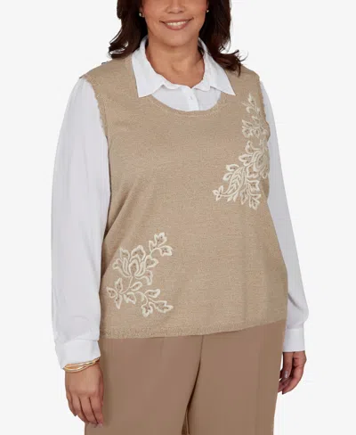 Alfred Dunner Plus Size Union Square Two-in-one Embroidered Sweater In Brown