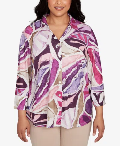 Alfred Dunner Plus Size Urban Legend Abstract Floral Button Front Top In Multi