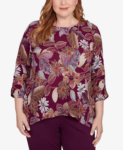 Alfred Dunner Plus Size Urban Legend Batik Floral Melange Printed Top In Purple