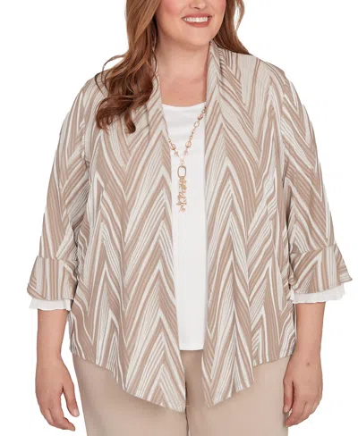 Alfred Dunner Plus Size Urban Legend Exploded Chevron Two In One Pull On Top With Necklace In Gray