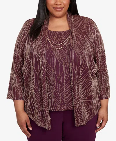 Alfred Dunner Plus Size Urban Legend Glitter Leaf Two In One Pull On Top With Necklace In Purple