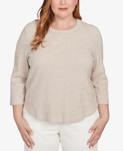 ALFRED DUNNER PLUS SIZE VIENNA ASYMMETRICAL FLORAL SOUTACHE KNIT TOP