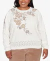 Alfred Dunner Plus Vienna Womens Crew Neck Long Sleeve Floral Pullover Sweater In White