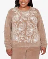 Alfred Dunner Plus Size Vienna Stitched Leaf Detail Chenille Sweater In Brown