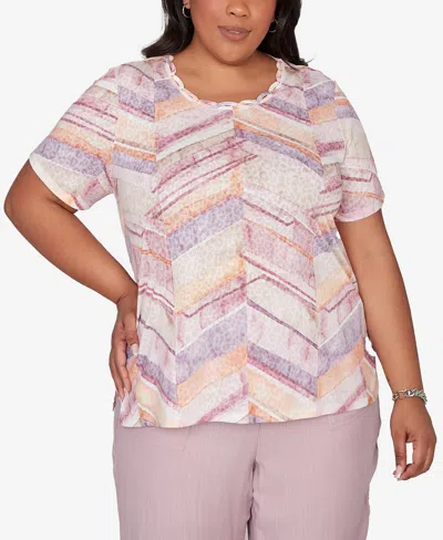 Alfred Dunner Plus Size Vintage Charm Chevron Geometric Crewneck T-shirt In Pink