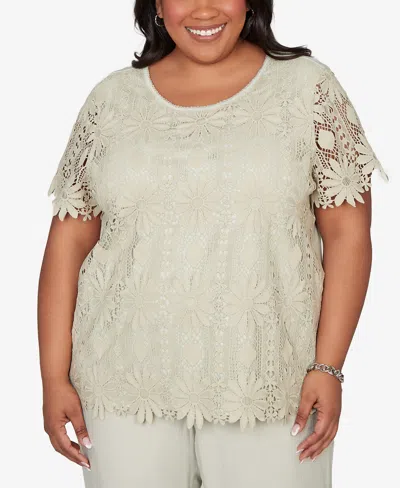 Alfred Dunner Plus Size Vintage Charm Floral Lace Short-sleeve T-shirt In Gray