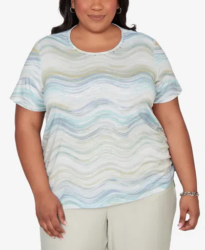 Alfred Dunner Plus Size Vintage Charm Wavy Biadere Side Tie Ruched T-shirt In Gray