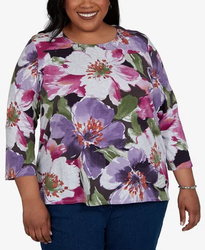 Alfred Dunner Plus Size Violet Blooms Knit Top In Multi