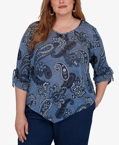 Alfred Dunner Plus Size V-neck 3/4-sleeve Asymmetric Hem Blouse In Denim