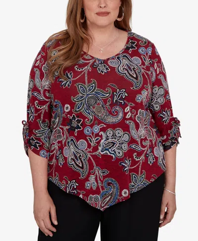 Alfred Dunner Plus Size V-neck 3/4-sleeve Paisley-print Blouse In Red