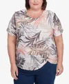 Alfred Dunner Plus Size Warm Palm Tree Short Sleeves Top In Neutral
