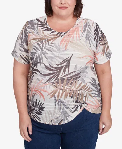 Alfred Dunner Plus Size Warm Palm Tree Short Sleeves Top In Neutral