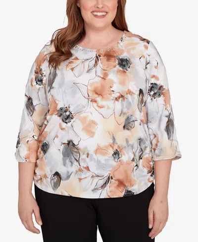 Alfred Dunner Plus Size Watercolor Floral Gathered Sides Crew Neck Top In Multi