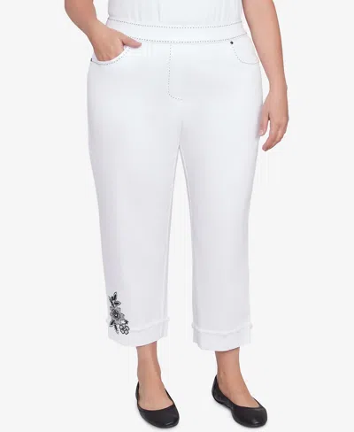 Alfred Dunner Plus Size Wild At Heart Floral Embroidered Cuffed Ankle Jean In White