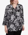Alfred Dunner Plus Size Wild At Heart Floral Puff Print Button Down Top In Black,white