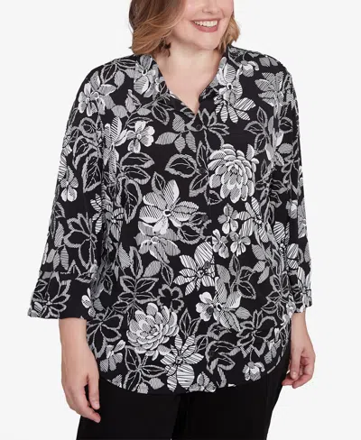 Alfred Dunner Plus Size Wild At Heart Floral Puff Print Button Down Top In Black,white