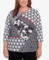 Alfred Dunner Plus Size Wild At Heart Geometric Multi Textured Patchwork Top In Black,white