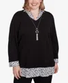 Alfred Dunner Plus Size Wild At Heart Woven Trim Two In One Sweater In Black