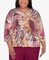 Alfred Dunner Plus Size Wine Country Lace Detailed Crew Neck Top In Multi Red