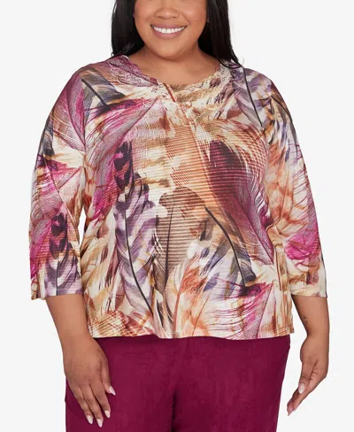 Alfred Dunner Plus Size Wine Country Lace Detailed Crew Neck Top In Multi Red