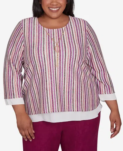 Alfred Dunner Plus Size Wine Country Metallic Stripe Top With Detachable Necklace In Multi Red