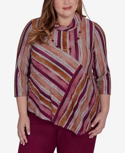 Alfred Dunner Plus Size Wine Country Spliced Stripe With A Detachable Necklace In Multi Red