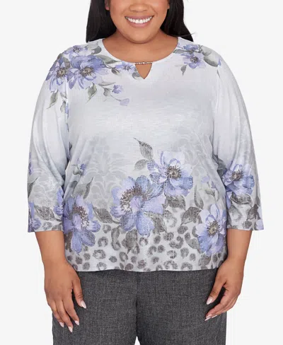 Alfred Dunner Plus Size Worth Avenue Beaded Split Neck Floral Shimmer Top In Grey