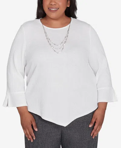 Alfred Dunner Plus Size Worth Avenue Crew Neck Textured Top With Detachable Necklace In Ivory