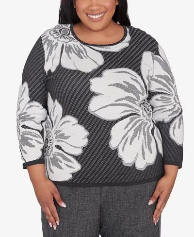 Alfred Dunner Plus Size Worth Avenue Floral Textured Sweater In Charcoal