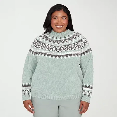 Alfred Dunner Plus Stockbridge Womens Mock Neck Long Sleeve Pullover Sweater In Green