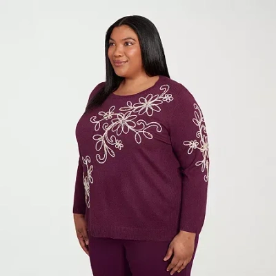 Alfred Dunner Plus Urban Legend Womens Crew Neck Long Sleeve Floral Pullover Sweater In Purple