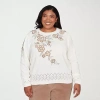 Alfred Dunner Plus Vienna Womens Crew Neck Long Sleeve Floral Pullover Sweater In White