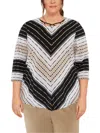 ALFRED DUNNER PLUS WOMENS LATTICE NECK PATTERN PULLOVER TOP
