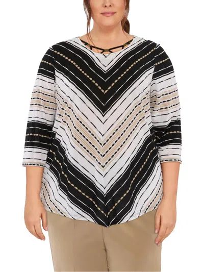 Alfred Dunner Plus Womens Lattice Neck Pattern Pullover Top In Multi