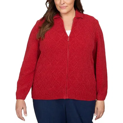 Alfred Dunner Plus Womens Metallic Knit Full Zip Sweater In Red