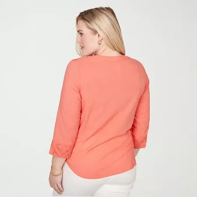Alfred Dunner Resort Living Womens Split Crew Neck 3/4 Sleeve Blouse In Orange