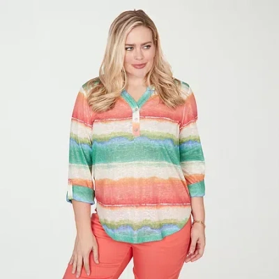 Alfred Dunner Resort Living Womens Split Crew Neck 3/4 Sleeve T-shirt In Multi
