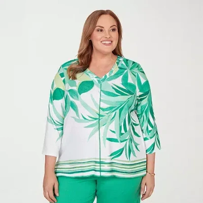 Alfred Dunner Plus Size Resort Living Artisan Leaf Bordered Top In Green