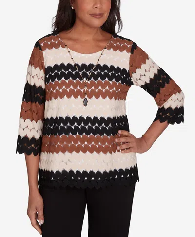 Alfred Dunner Women's Rue Rivoli Lace Textured Top With Detachable Necklace In Muneutr