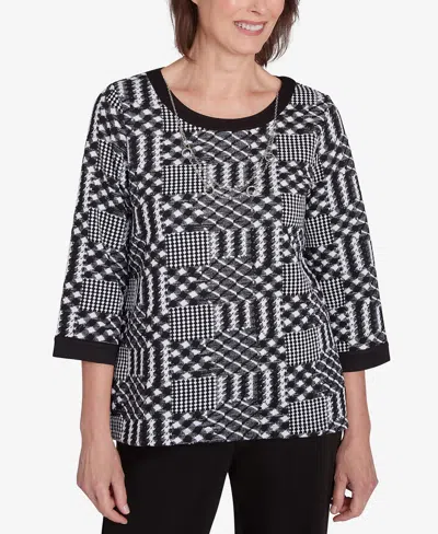 Alfred Dunner Runway Ready Women's Houndstooth Textured Top In Multi Black