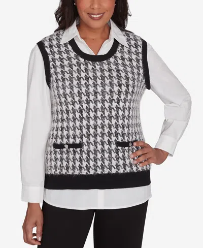Alfred Dunner Petite Runway Ready Collared Houndstooth Vest Two In One Sweater In Multi Black