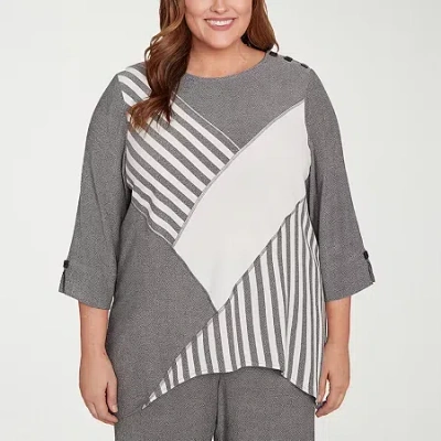 Alfred Dunner Santa Barbara Womens Plus Crew Neck 3/4 Sleeve T-shirt In Gray