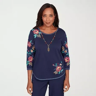 Alfred Dunner Saratoga Springs Womens Crew Neck 3/4 Sleeve T-shirt In Blue