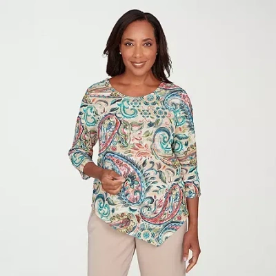 Alfred Dunner Saratoga Springs Womens Crew Neck 3/4 Sleeve T-shirt In Green