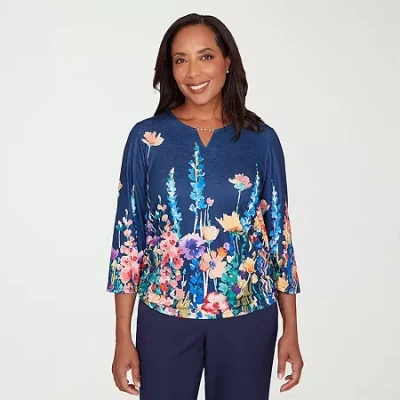 Alfred Dunner Saratoga Springs Womens Keyhole Neck 3/4 Sleeve T-shirt In Blue