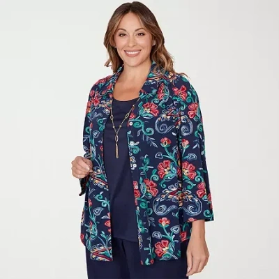 Alfred Dunner Saratoga Springs Womens Plus 3/4 Sleeve Layered Top In Blue