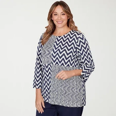 Alfred Dunner Saratoga Springs Womens Plus Crew Neck 3/4 Sleeve T-shirt In Blue