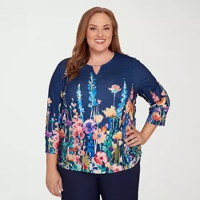 Alfred Dunner Saratoga Springs Womens Plus Crew Neck 3/4 Sleeve T-shirt In Blue