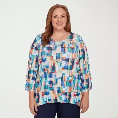 Alfred Dunner Saratoga Springs Womens Plus Crew Neck 3/4 Sleeve T-shirt In Blue